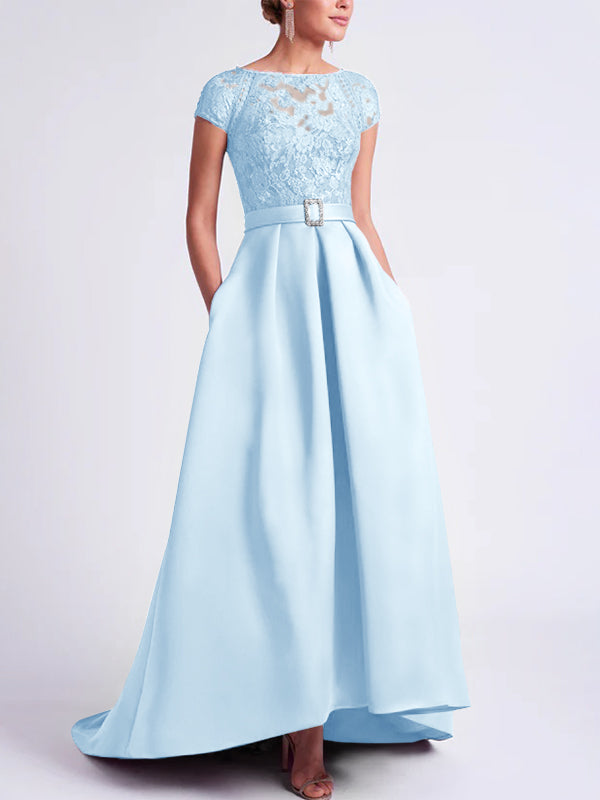 Asymmetrical A Line Mother of the Bride Dress with Scoop Neck and Short Sleeves