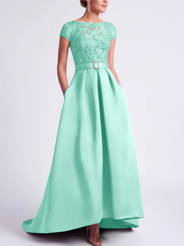 Asymmetrical A Line Mother of the Bride Dress with Scoop Neck and Short Sleeves