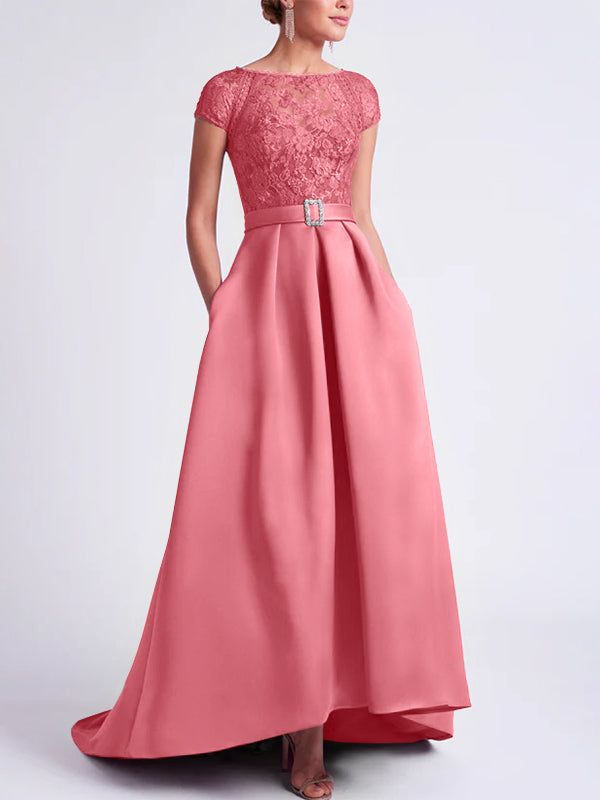 Asymmetrical A Line Mother of the Bride Dress with Scoop Neck and Short Sleeves