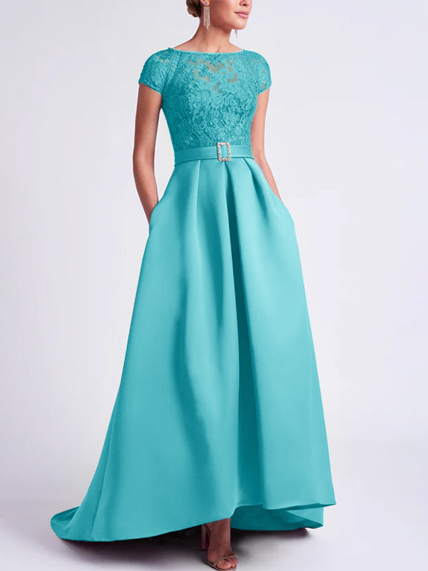 Asymmetrical A Line Mother of the Bride Dress with Scoop Neck and Short Sleeves