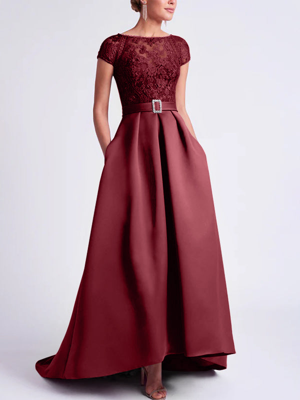 Asymmetrical A Line Mother of the Bride Dress with Scoop Neck and Short Sleeves