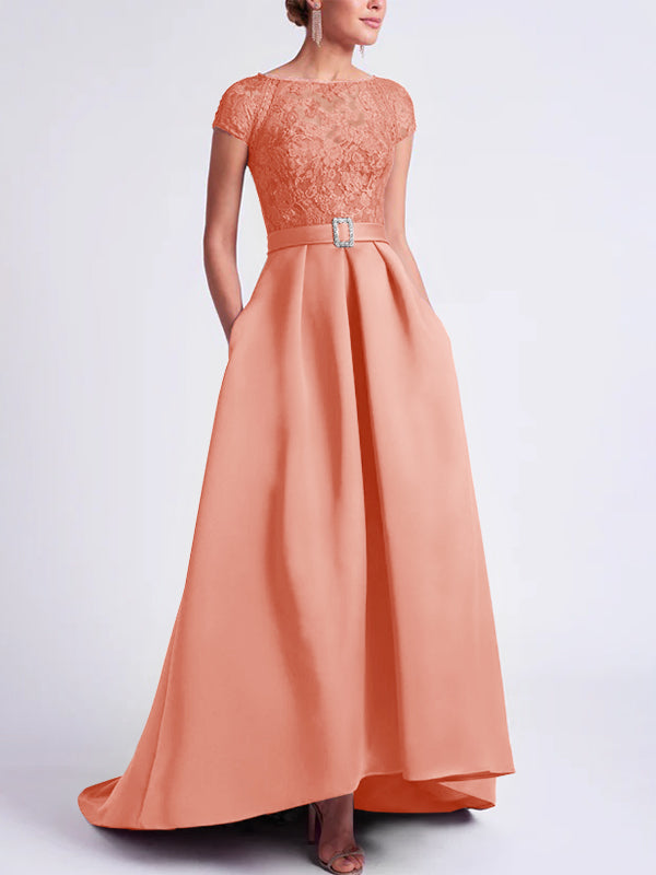 Asymmetrical A Line Mother of the Bride Dress with Scoop Neck and Short Sleeves