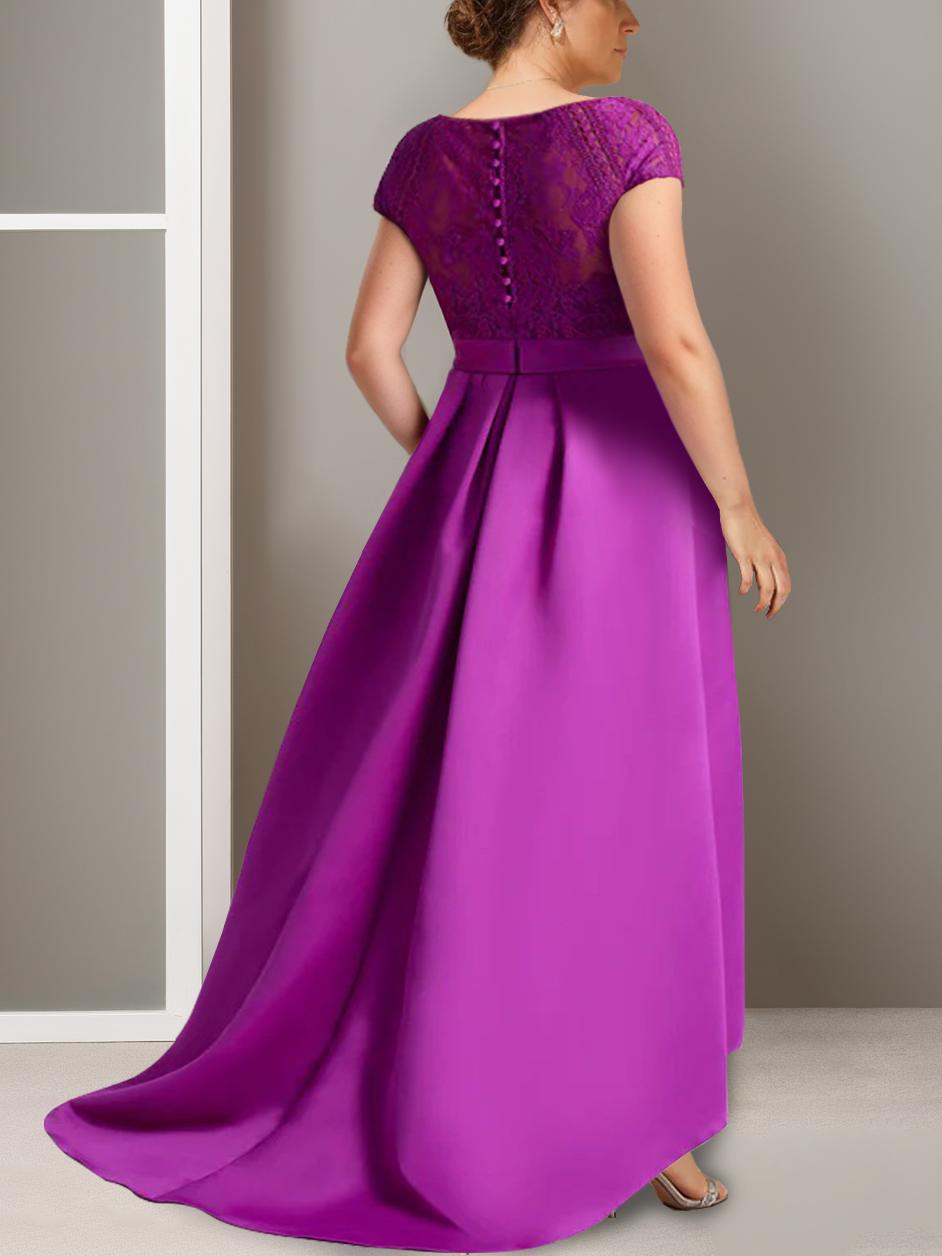 Asymmetrical A Line Mother of the Bride Dress with Scoop Neck and Short Sleeves