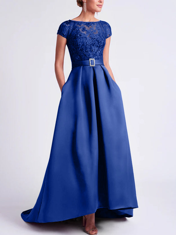 Asymmetrical A Line Mother of the Bride Dress with Scoop Neck and Short Sleeves