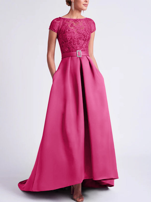 Asymmetrical A Line Mother of the Bride Dress with Scoop Neck and Short Sleeves