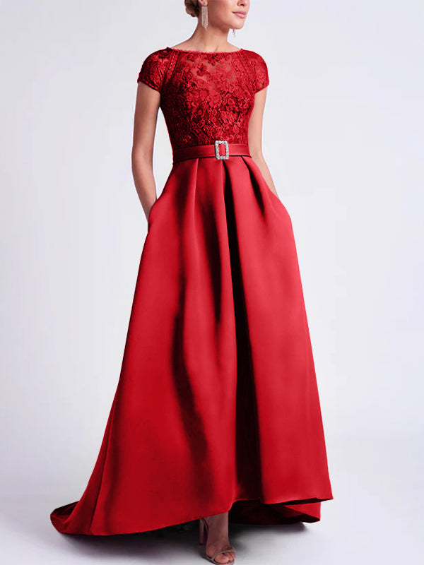 Asymmetrical A Line Mother of the Bride Dress with Scoop Neck and Short Sleeves
