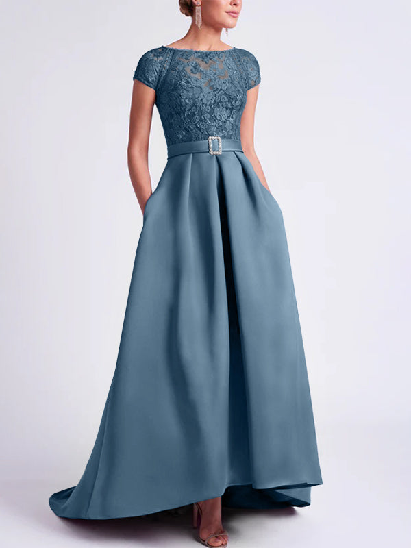 Asymmetrical A Line Mother of the Bride Dress with Scoop Neck and Short Sleeves