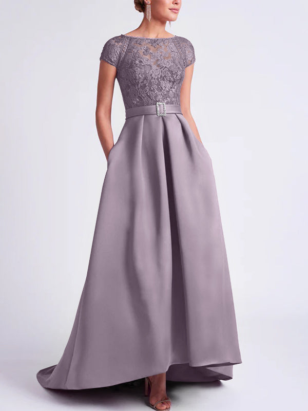 Asymmetrical A Line Mother of the Bride Dress with Scoop Neck and Short Sleeves