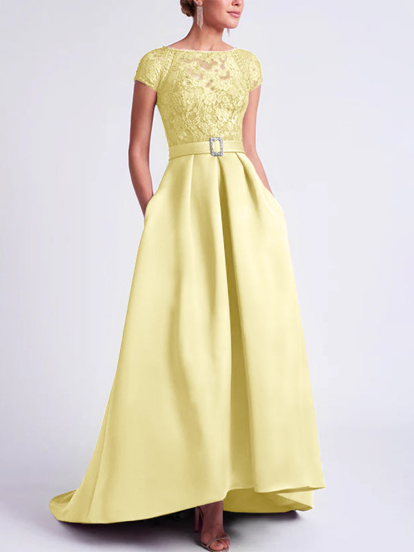 Asymmetrical A Line Mother of the Bride Dress with Scoop Neck and Short Sleeves