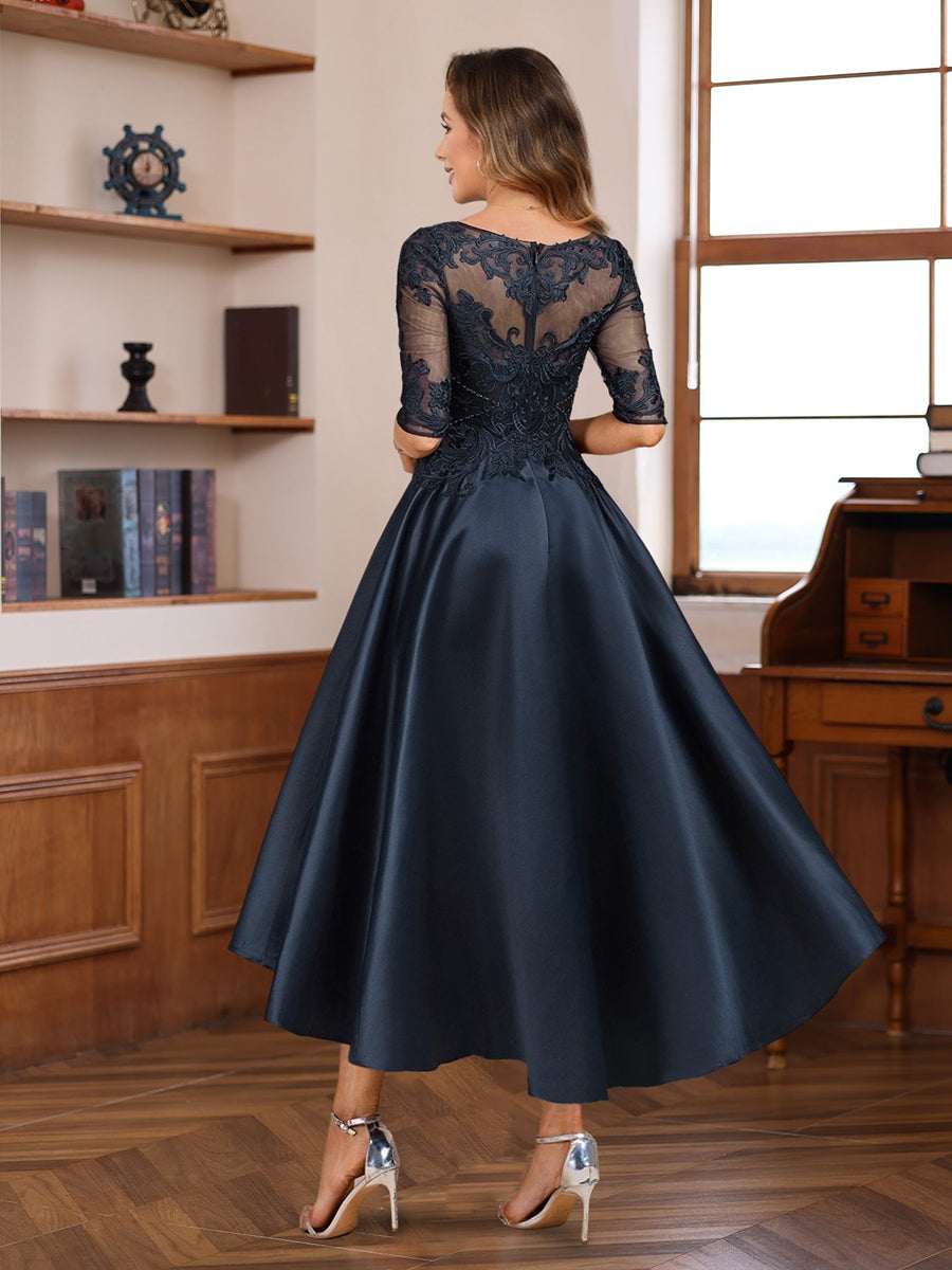 Asymmetrical A Line Gown with Scoop Neck Half Sleeves and Lace Appliques for Mothers of the Bride & Groom