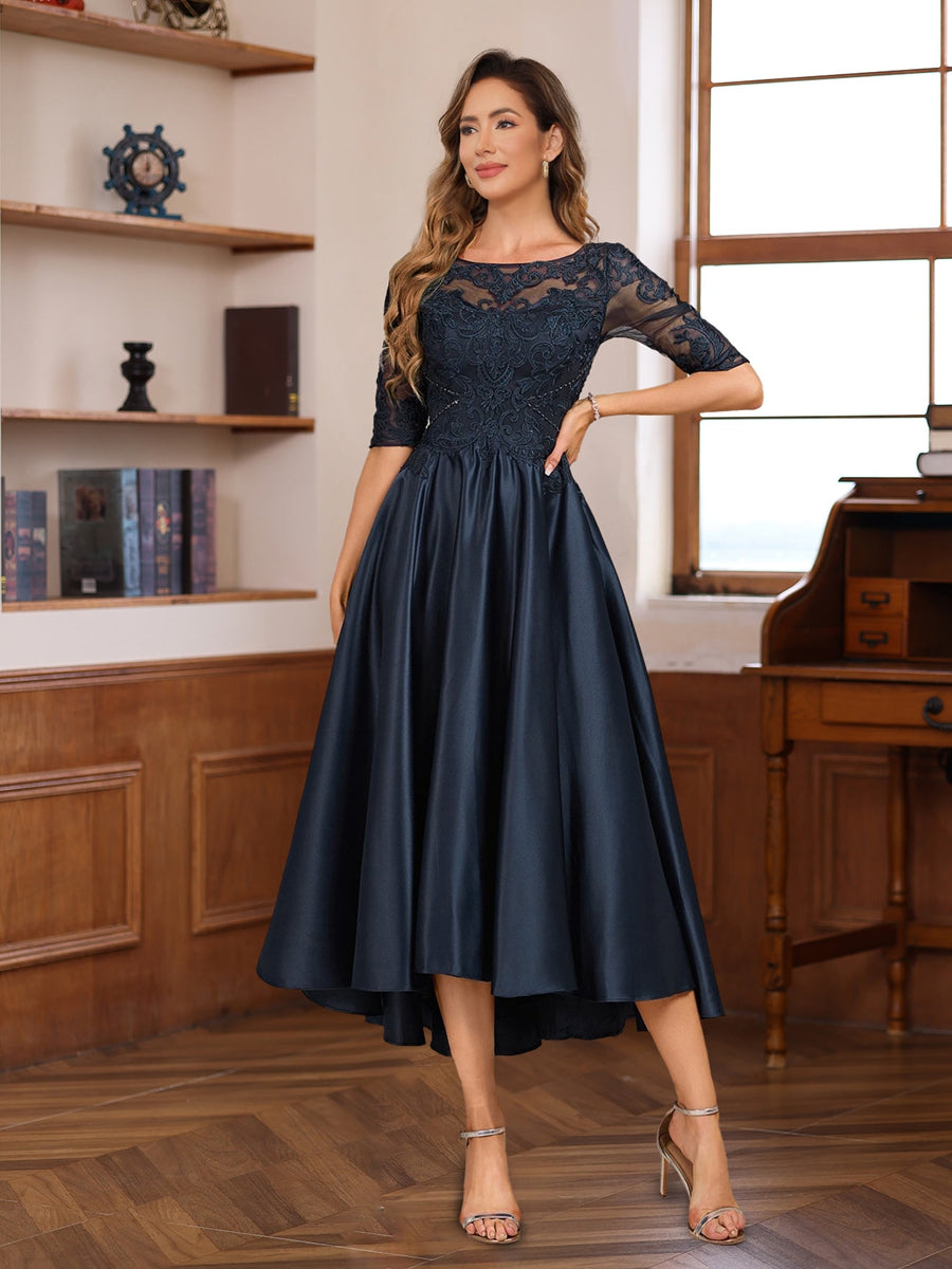 Asymmetrical A Line Gown with Scoop Neck Half Sleeves and Lace Appliques for Mothers of the Bride & Groom