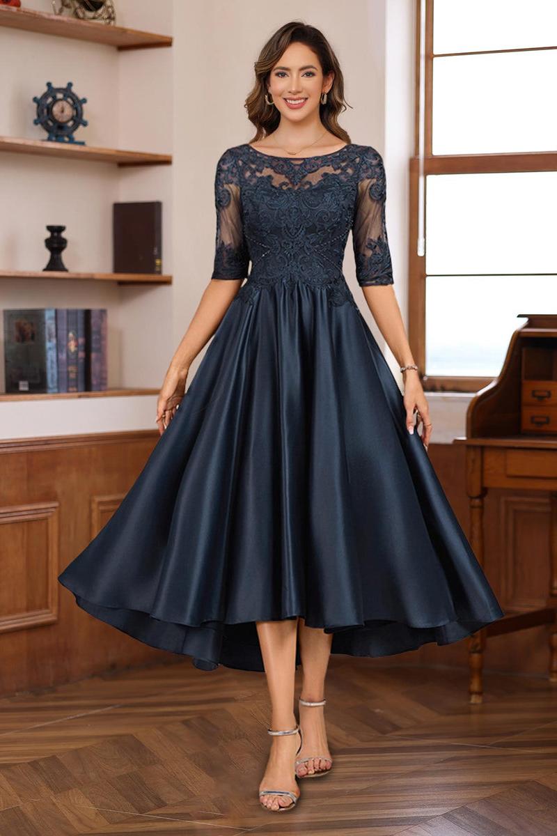 Asymmetrical A Line Gown with Scoop Neck Half Sleeves and Lace Appliques for Mothers of the Bride & Groom
