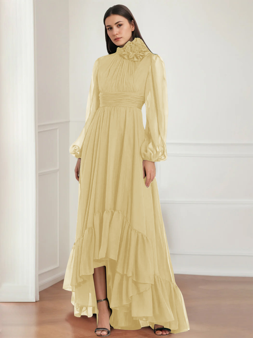 Asymmetrical A Line Jewel Neck Gown with Long Sleeves Ruffles & Floral Details