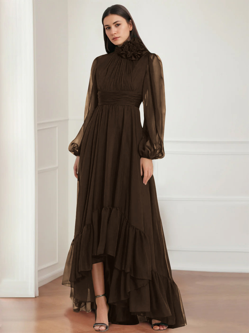 Asymmetrical A Line Jewel Neck Gown with Long Sleeves Ruffles & Floral Details