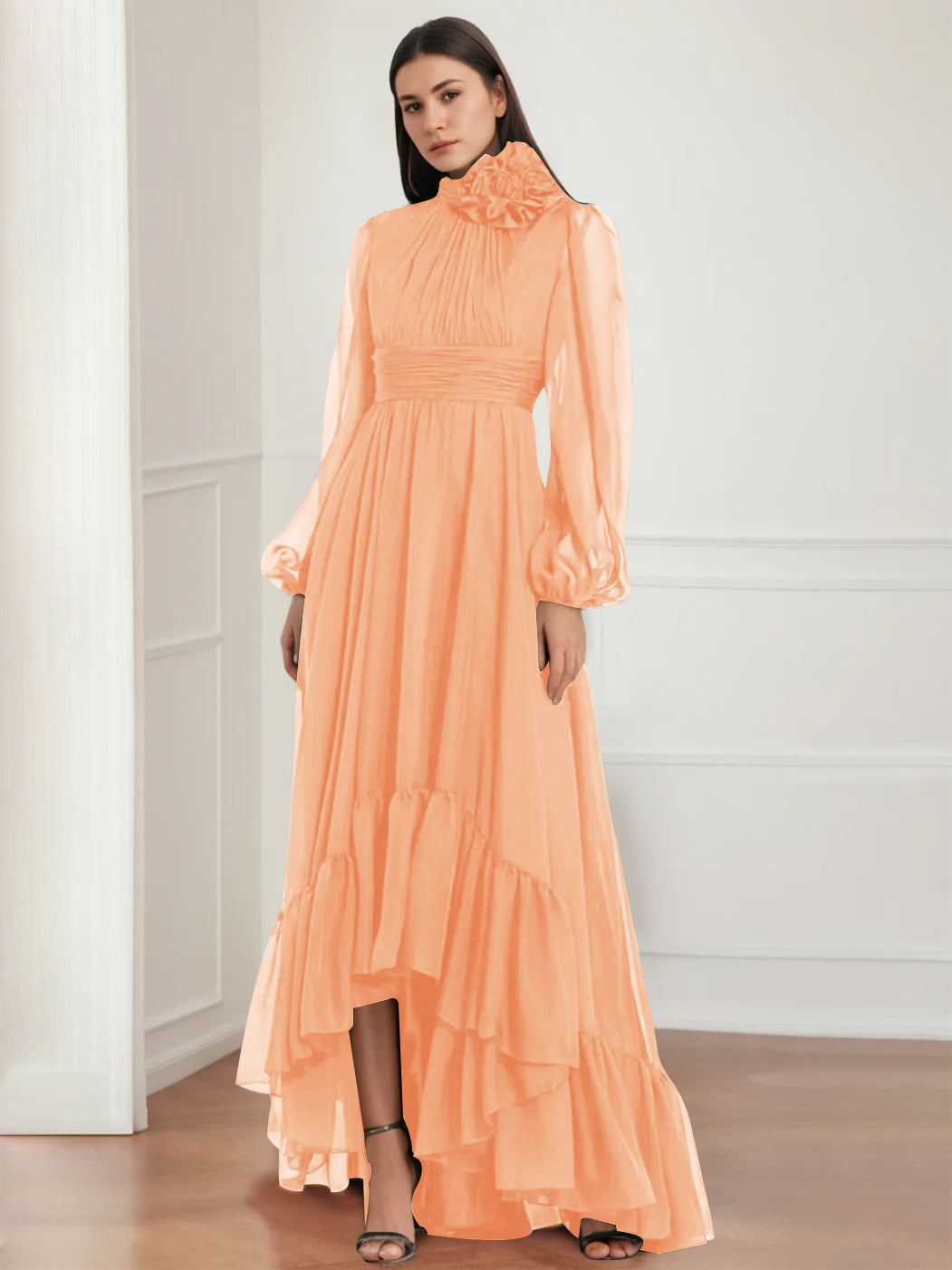 Asymmetrical A Line Jewel Neck Gown with Long Sleeves Ruffles & Floral Details