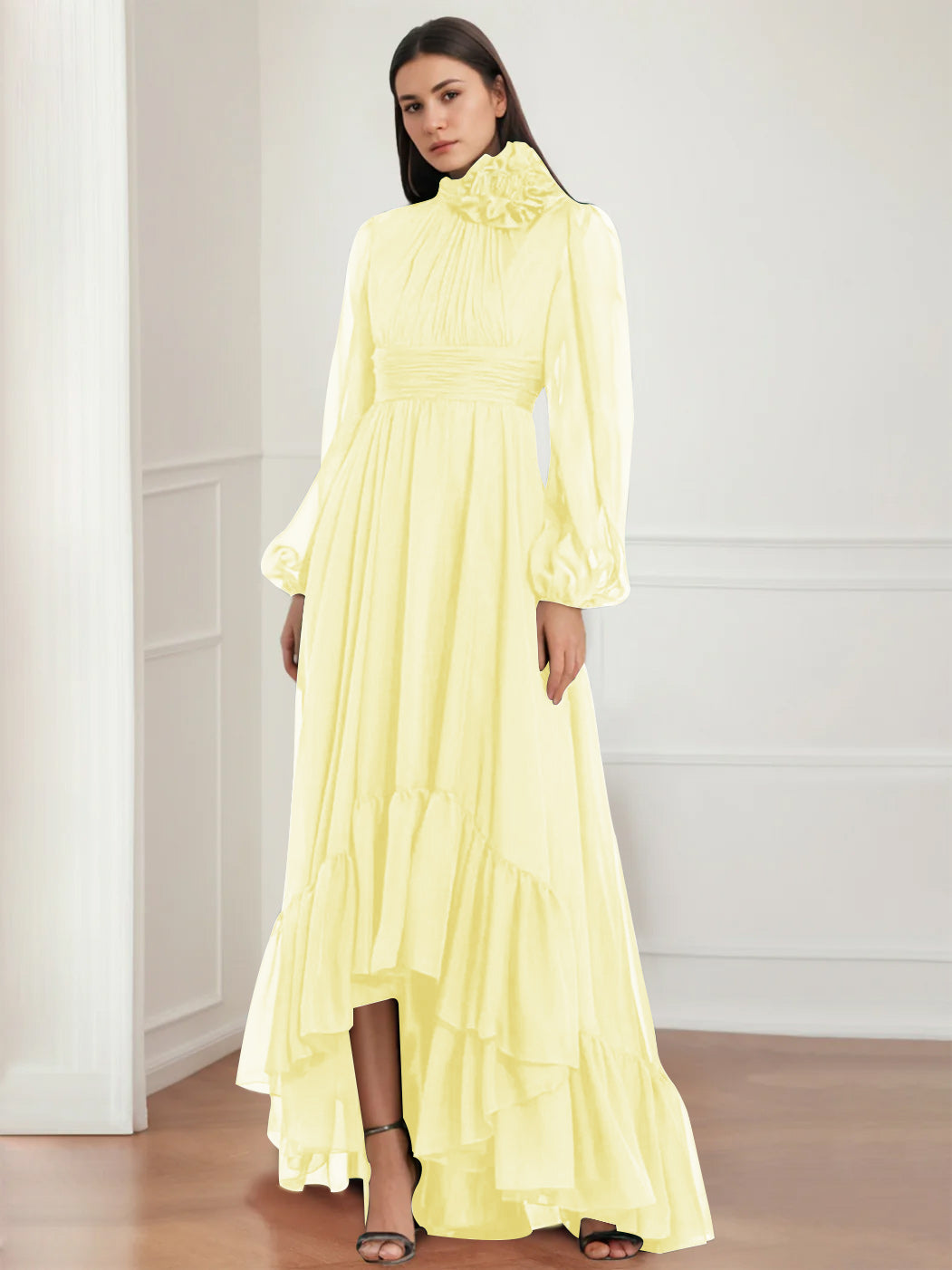Asymmetrical A Line Jewel Neck Gown with Long Sleeves Ruffles & Floral Details