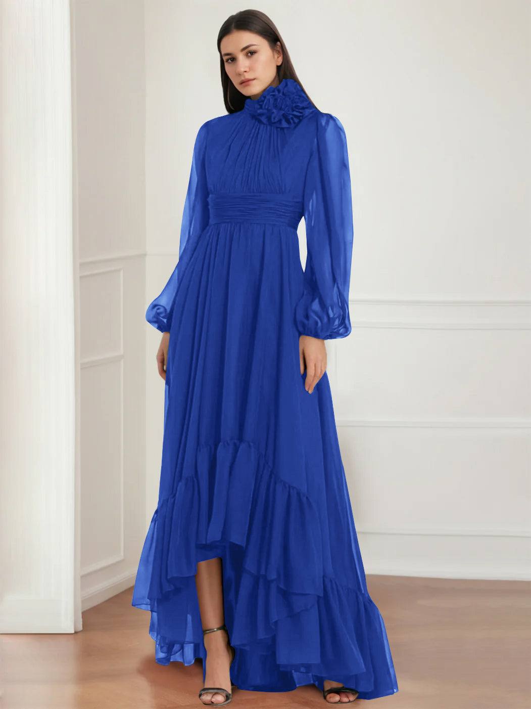 Asymmetrical A Line Jewel Neck Gown with Long Sleeves Ruffles & Floral Details