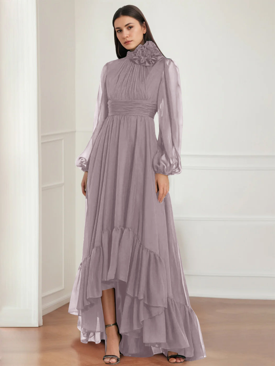 Asymmetrical A Line Jewel Neck Gown with Long Sleeves Ruffles & Floral Details
