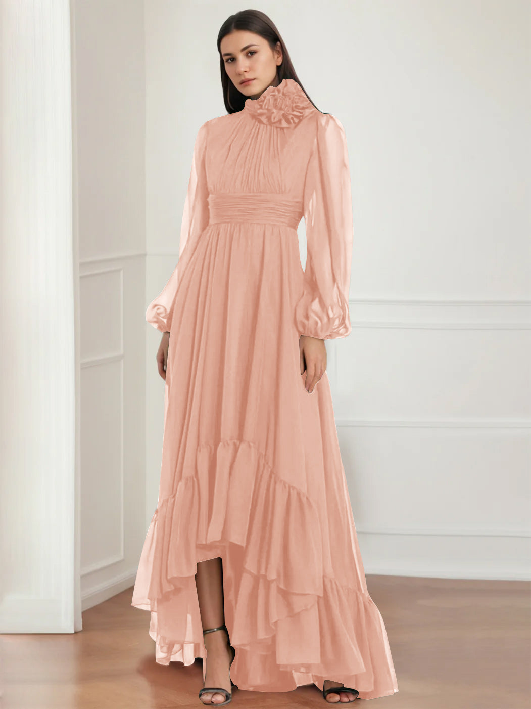 Asymmetrical A Line Jewel Neck Gown with Long Sleeves Ruffles & Floral Details