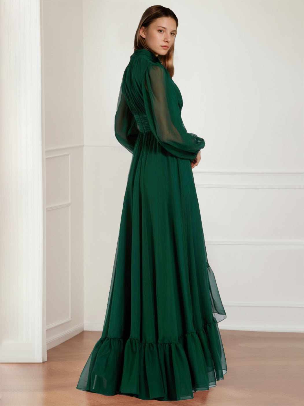 Asymmetrical A Line Jewel Neck Gown with Long Sleeves Ruffles & Floral Details