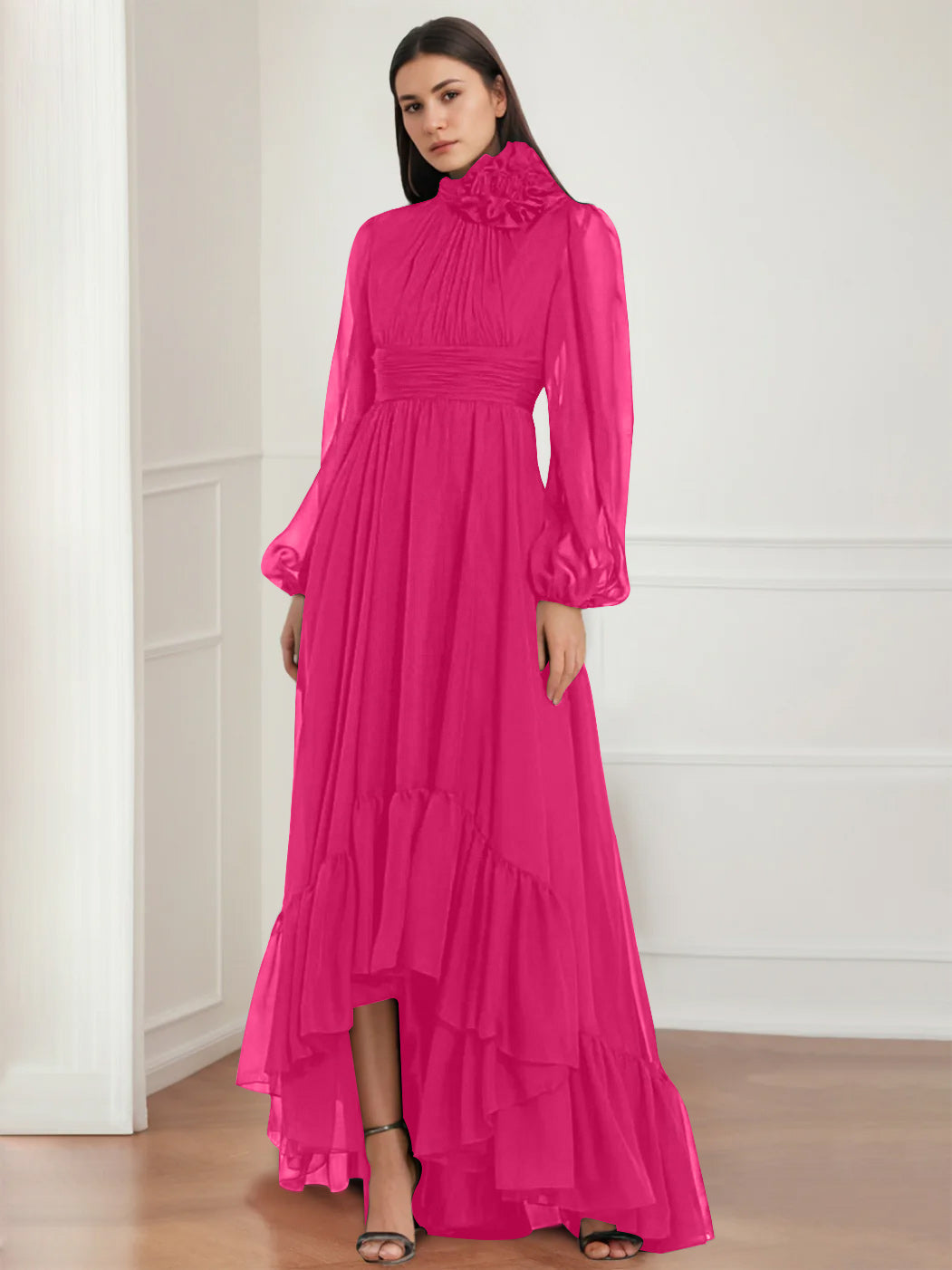 Asymmetrical A Line Jewel Neck Gown with Long Sleeves Ruffles & Floral Details