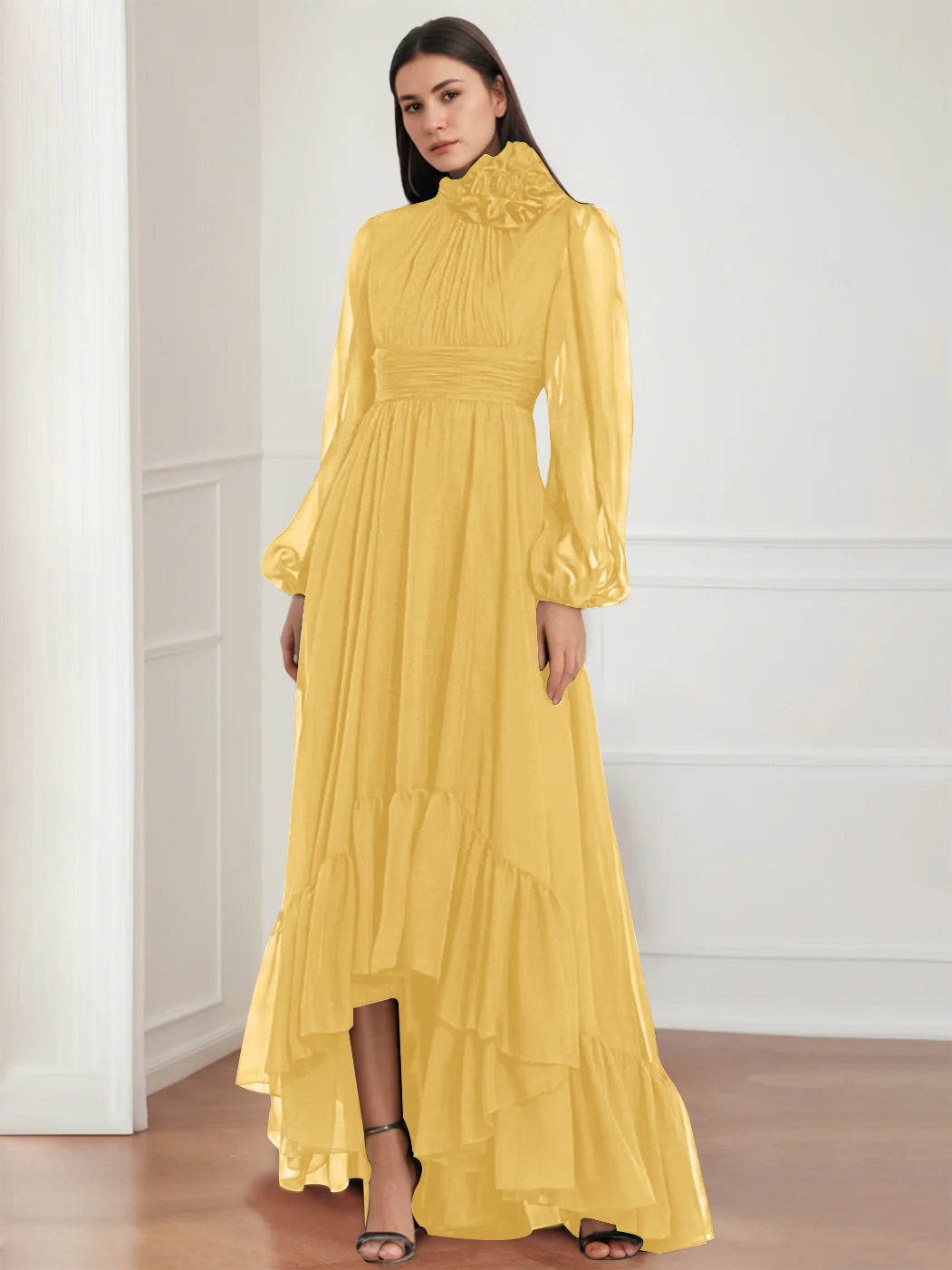 Asymmetrical A Line Jewel Neck Gown with Long Sleeves Ruffles & Floral Details