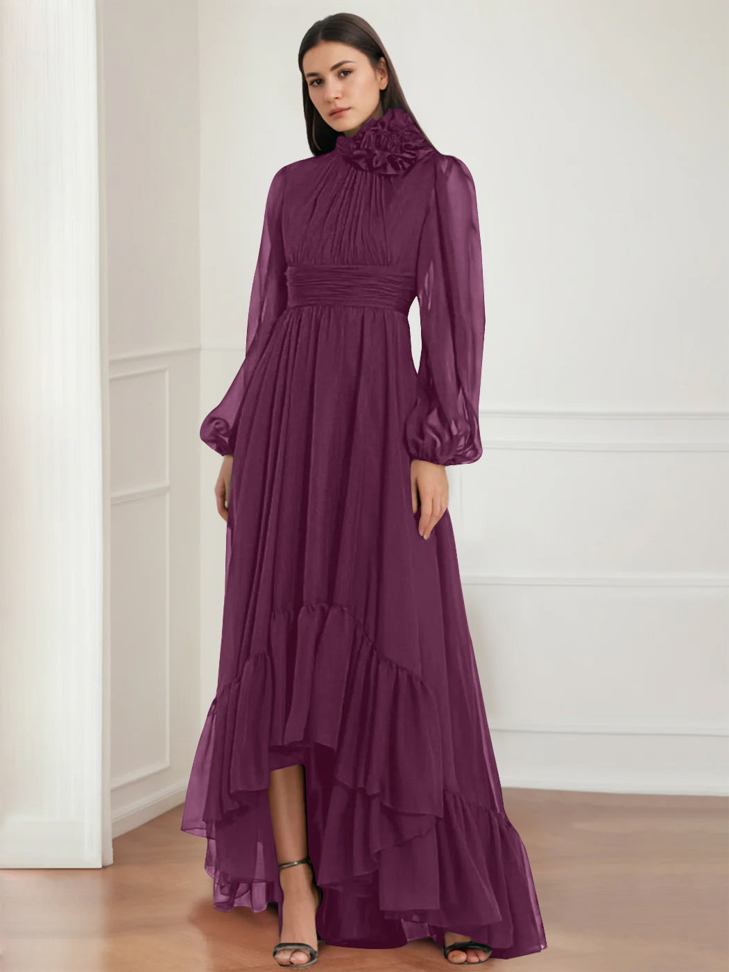 Asymmetrical A Line Jewel Neck Gown with Long Sleeves Ruffles & Floral Details