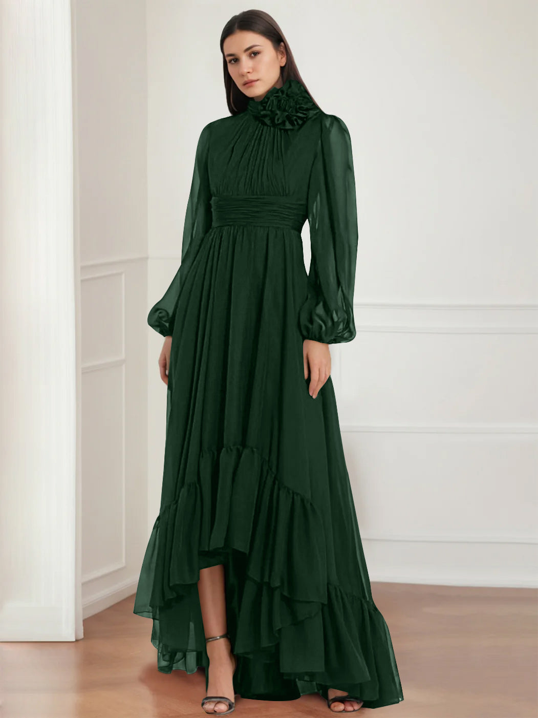 Asymmetrical A Line Jewel Neck Gown with Long Sleeves Ruffles & Floral Details