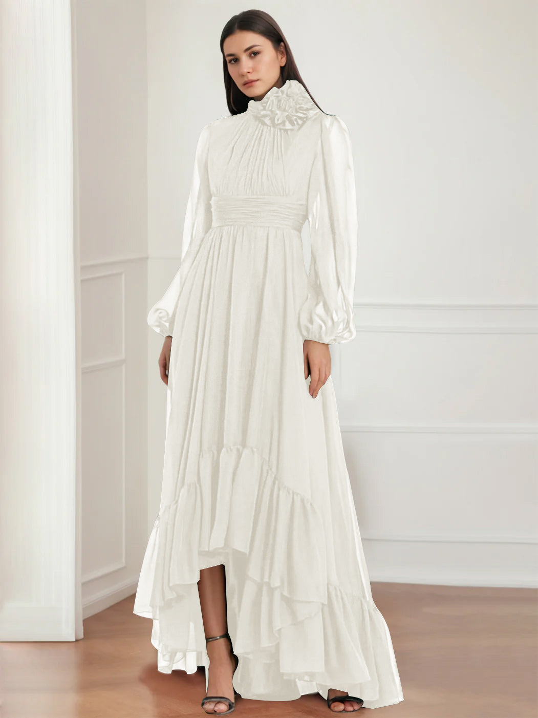 Asymmetrical A Line Jewel Neck Gown with Long Sleeves Ruffles & Floral Details