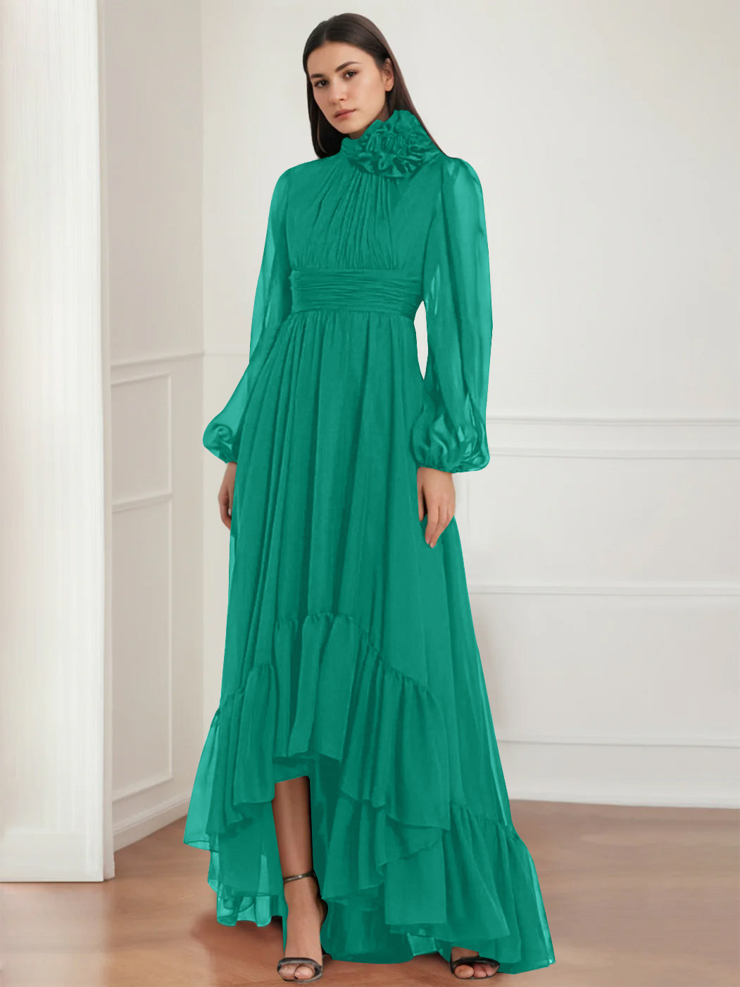 Asymmetrical A Line Jewel Neck Gown with Long Sleeves Ruffles & Floral Details