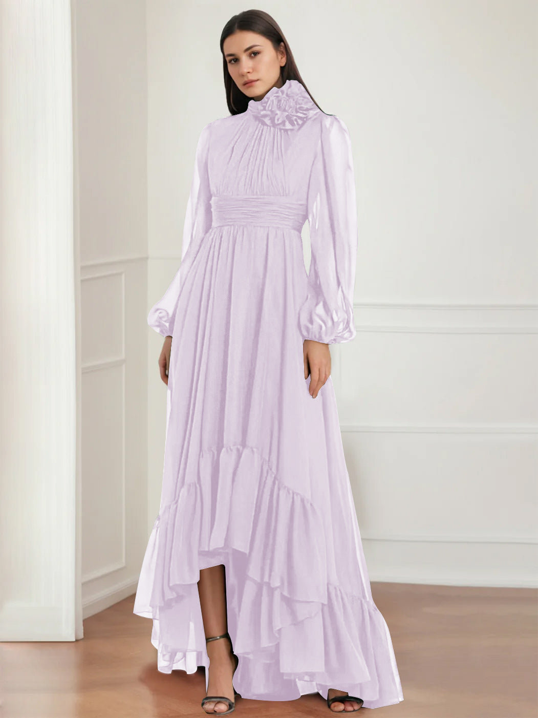 Asymmetrical A Line Jewel Neck Gown with Long Sleeves Ruffles & Floral Details