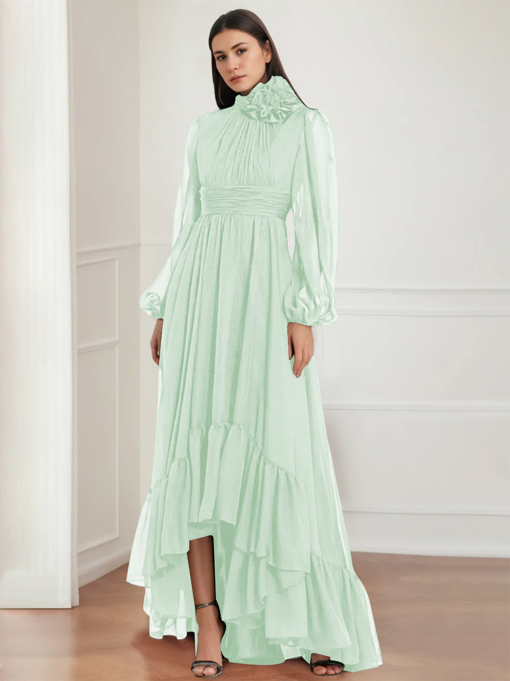 Asymmetrical A Line Jewel Neck Gown with Long Sleeves Ruffles & Floral Details