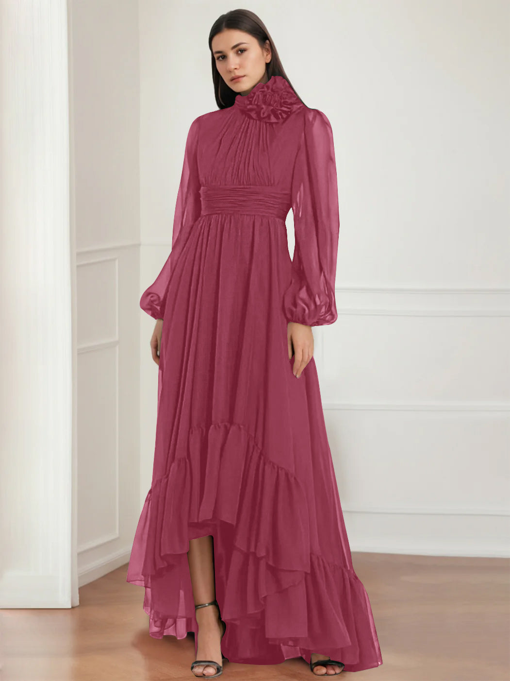 Asymmetrical A Line Jewel Neck Gown with Long Sleeves Ruffles & Floral Details