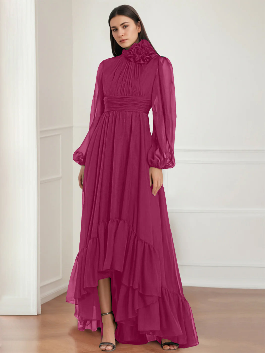 Asymmetrical A Line Jewel Neck Gown with Long Sleeves Ruffles & Floral Details