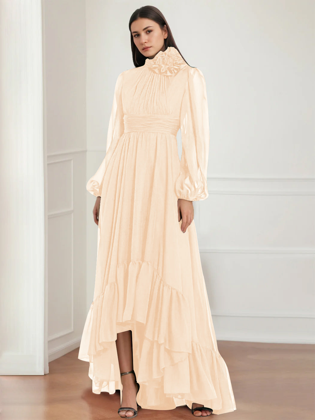 Asymmetrical A Line Jewel Neck Gown with Long Sleeves Ruffles & Floral Details