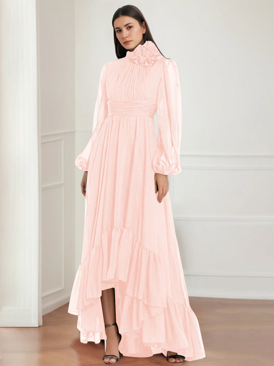 Asymmetrical A Line Jewel Neck Gown with Long Sleeves Ruffles & Floral Details