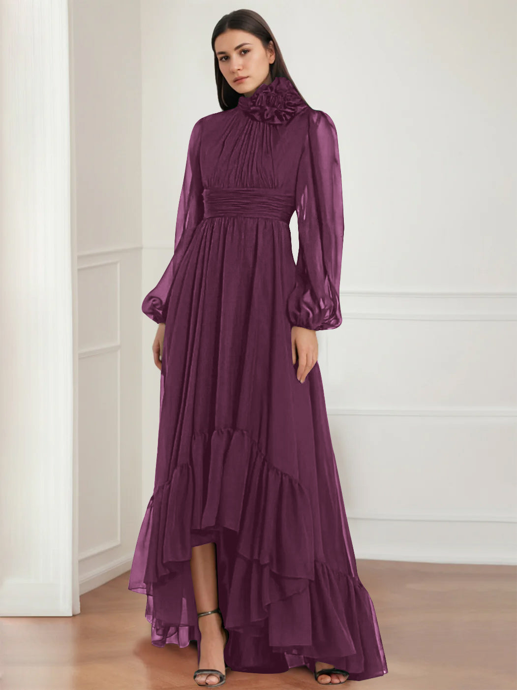 Asymmetrical A Line Jewel Neck Gown with Long Sleeves Ruffles & Floral Details