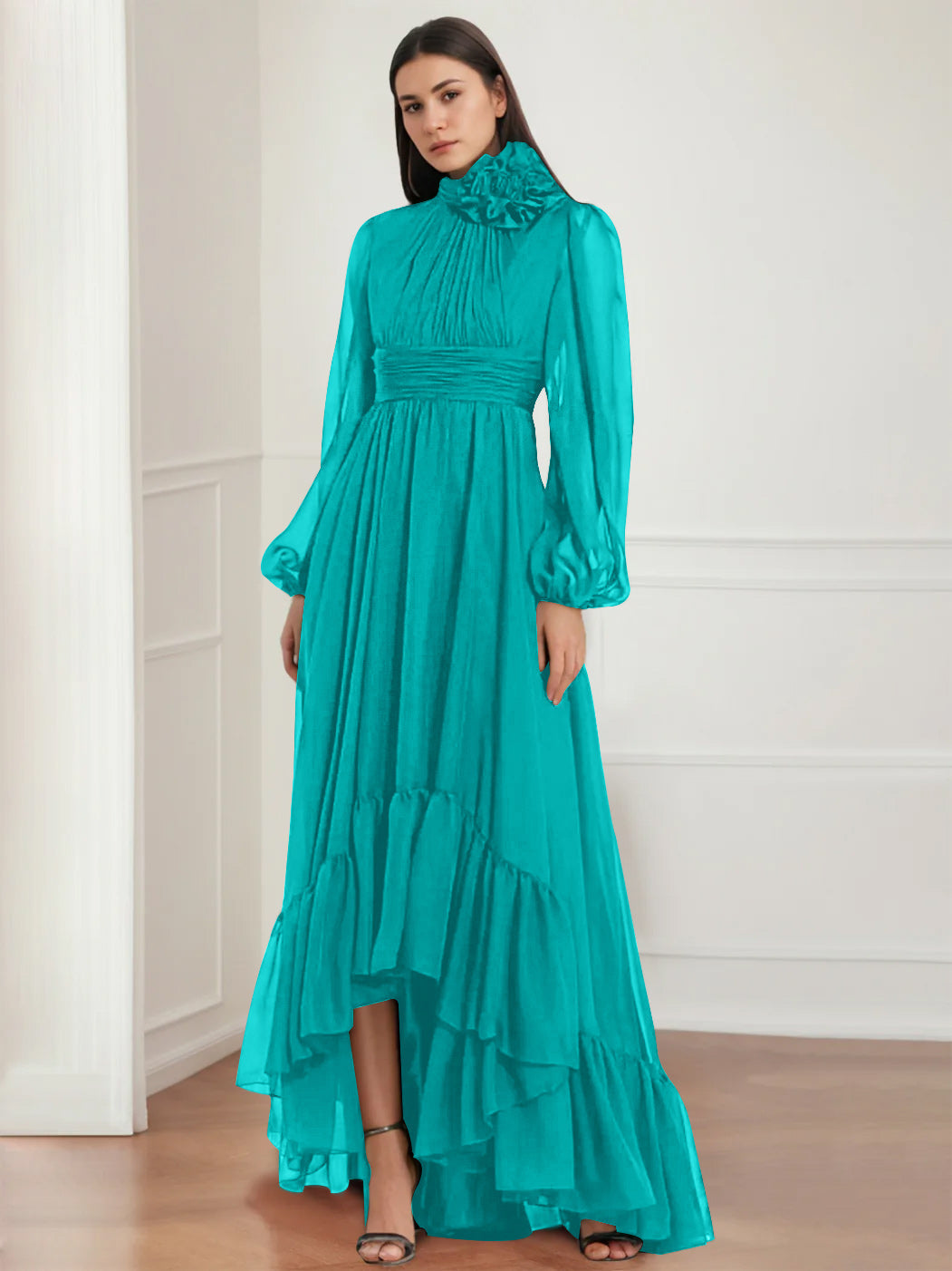 Asymmetrical A Line Jewel Neck Gown with Long Sleeves Ruffles & Floral Details
