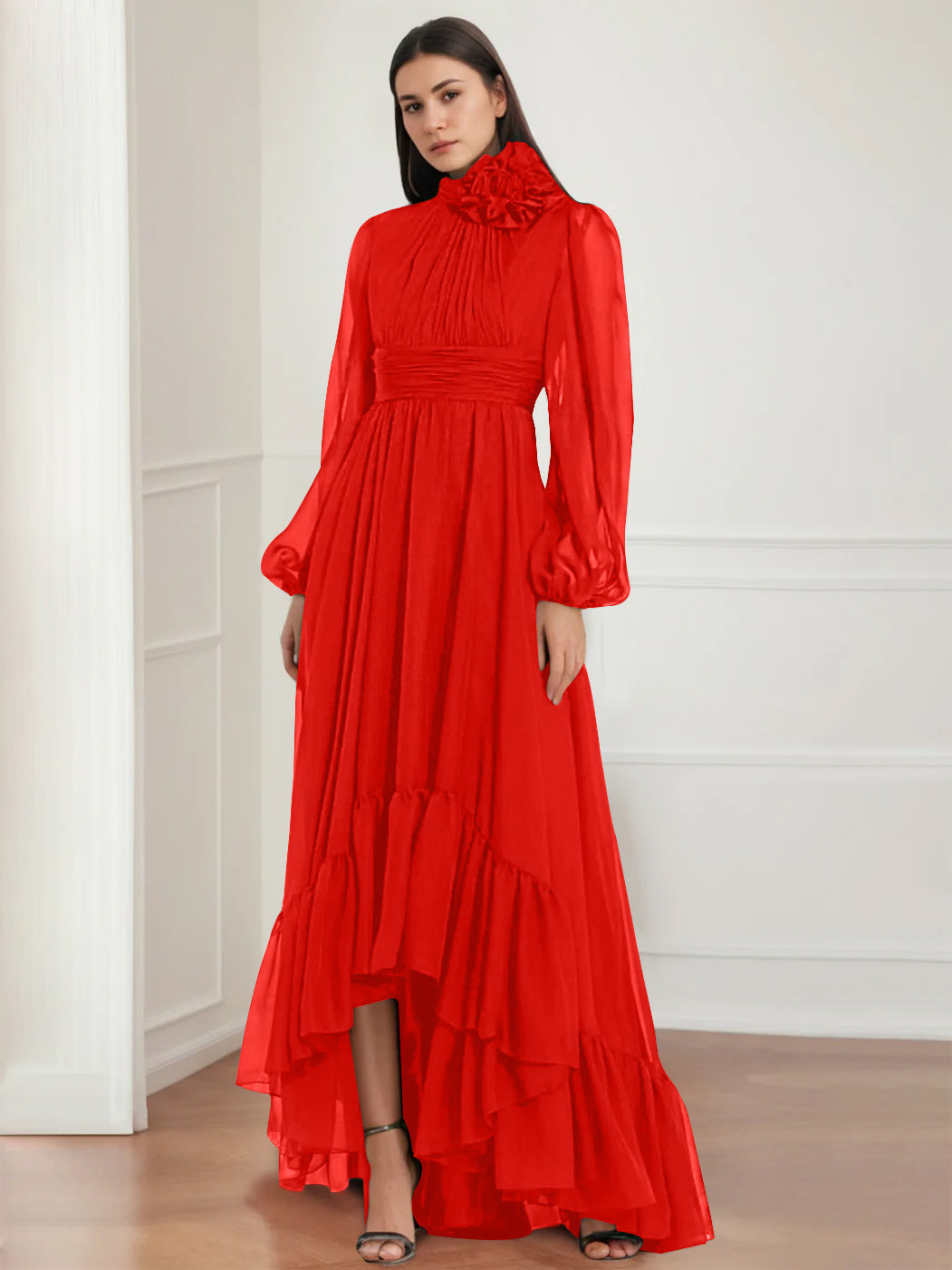 Asymmetrical A Line Jewel Neck Gown with Long Sleeves Ruffles & Floral Details
