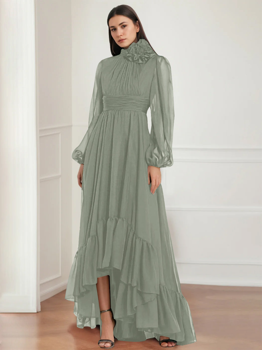 Asymmetrical A Line Jewel Neck Gown with Long Sleeves Ruffles & Floral Details