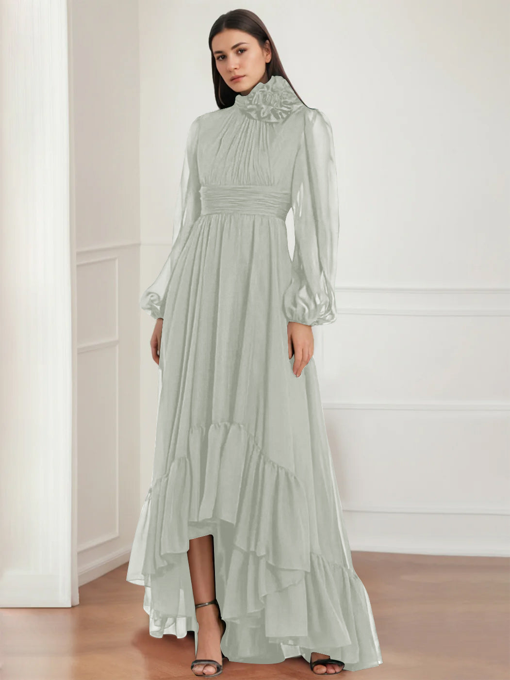 Asymmetrical A Line Jewel Neck Gown with Long Sleeves Ruffles & Floral Details