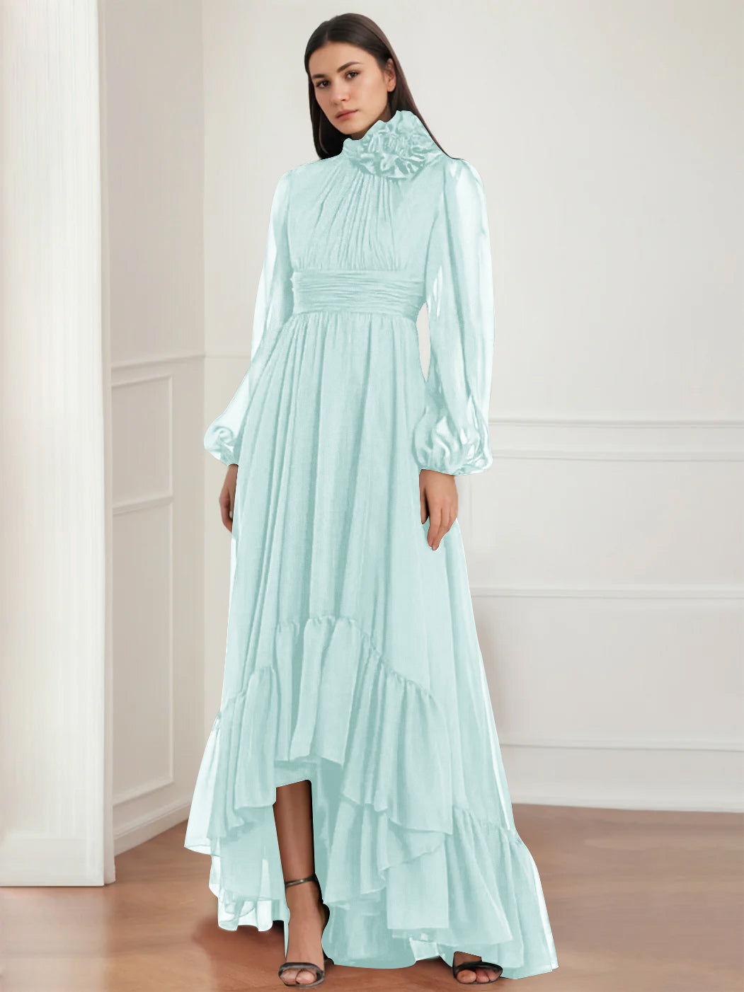 Asymmetrical A Line Jewel Neck Gown with Long Sleeves Ruffles & Floral Details