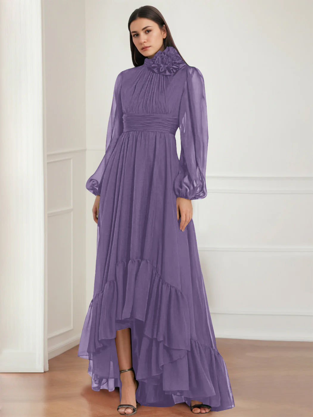 Asymmetrical A Line Jewel Neck Gown with Long Sleeves Ruffles & Floral Details