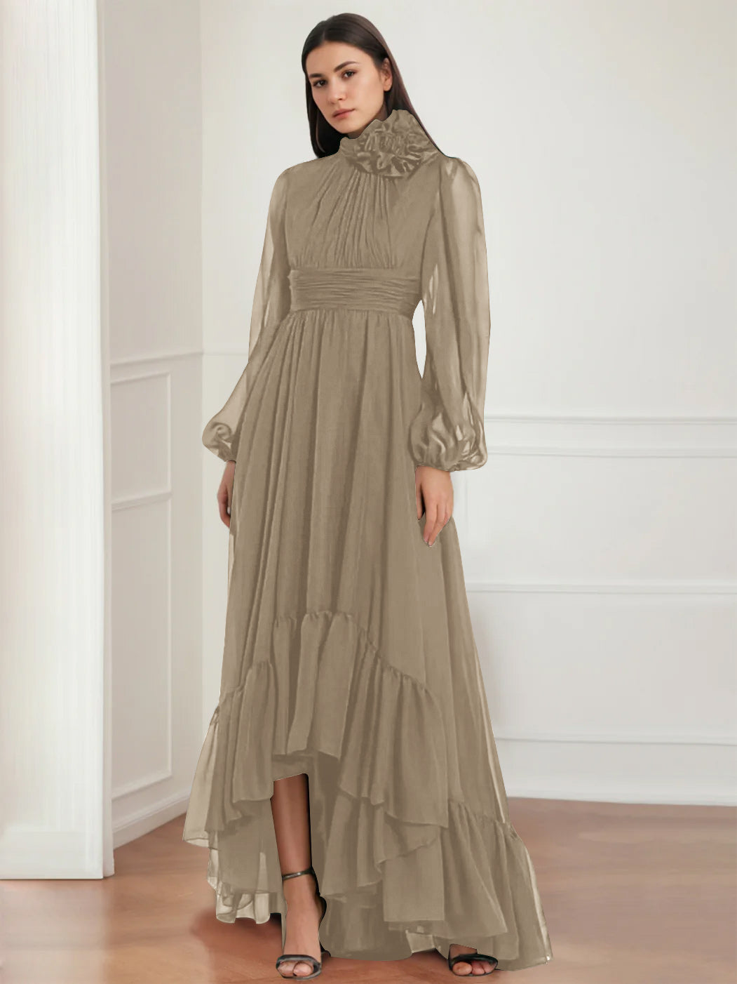 Asymmetrical A Line Jewel Neck Gown with Long Sleeves Ruffles & Floral Details