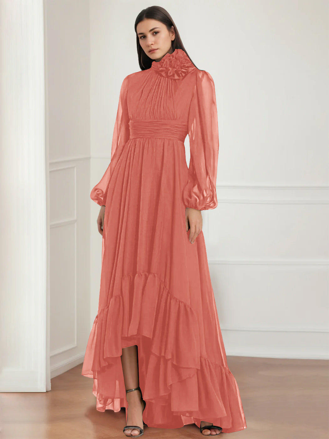 Asymmetrical A Line Jewel Neck Gown with Long Sleeves Ruffles & Floral Details