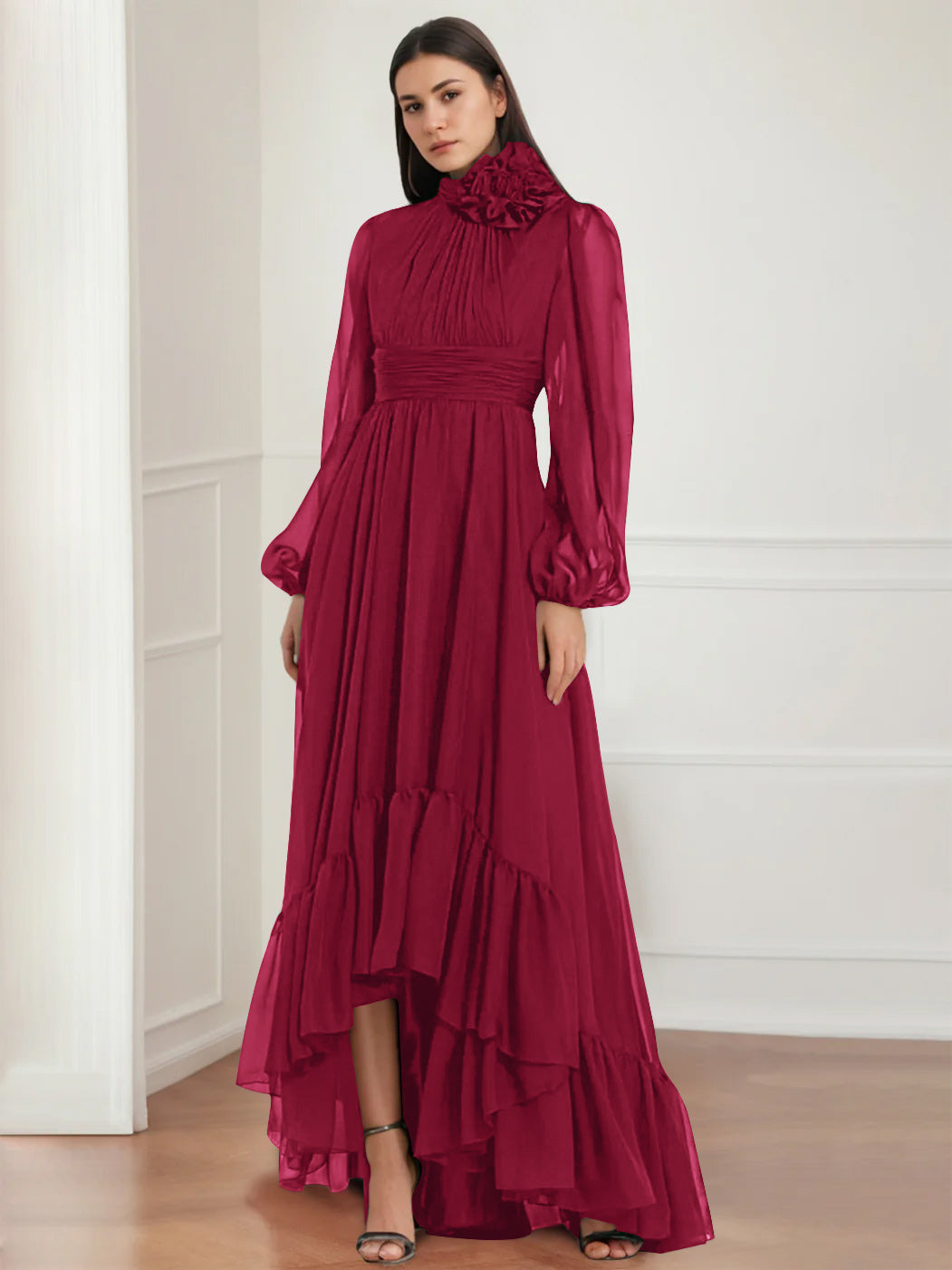 Asymmetrical A Line Jewel Neck Gown with Long Sleeves Ruffles & Floral Details