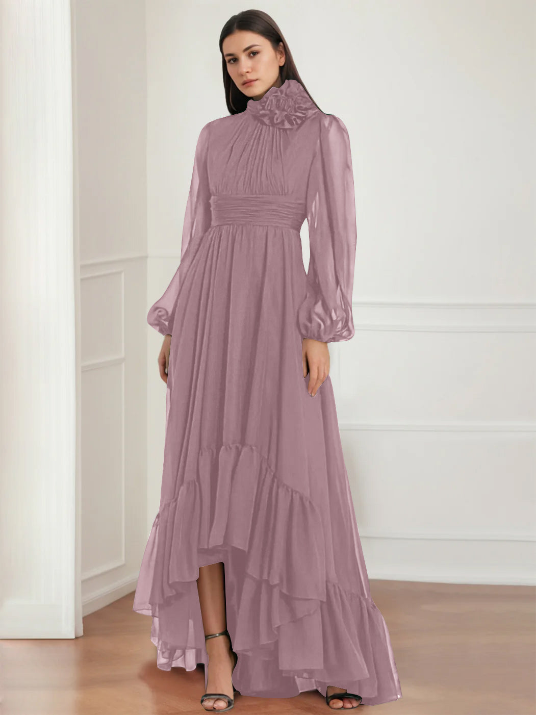 Asymmetrical A Line Jewel Neck Gown with Long Sleeves Ruffles & Floral Details