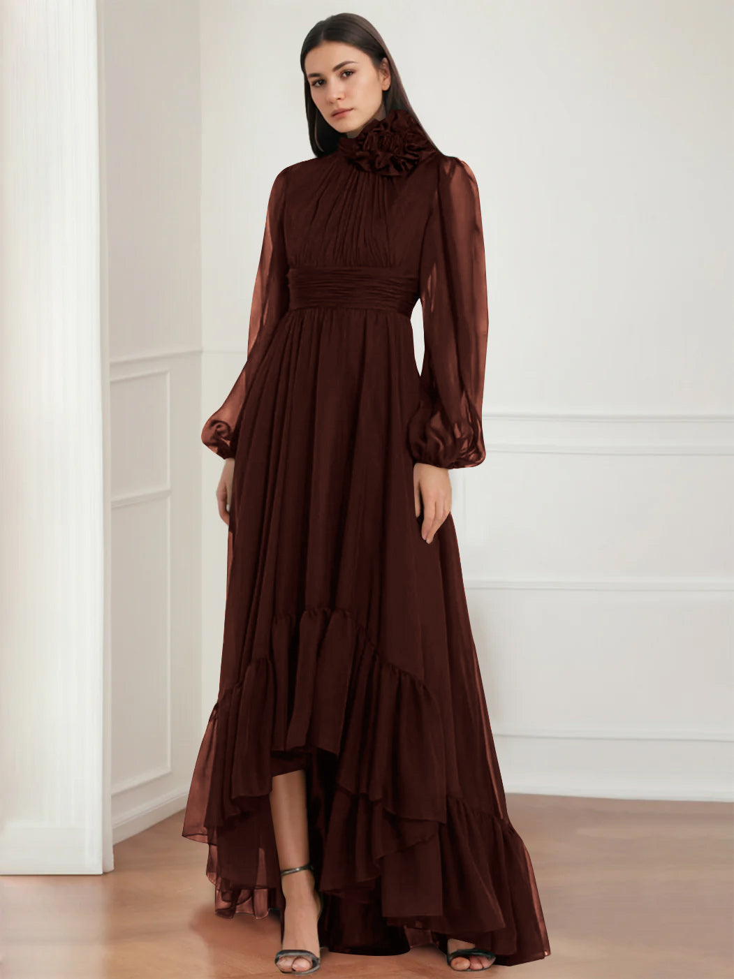 Asymmetrical A Line Jewel Neck Gown with Long Sleeves Ruffles & Floral Details