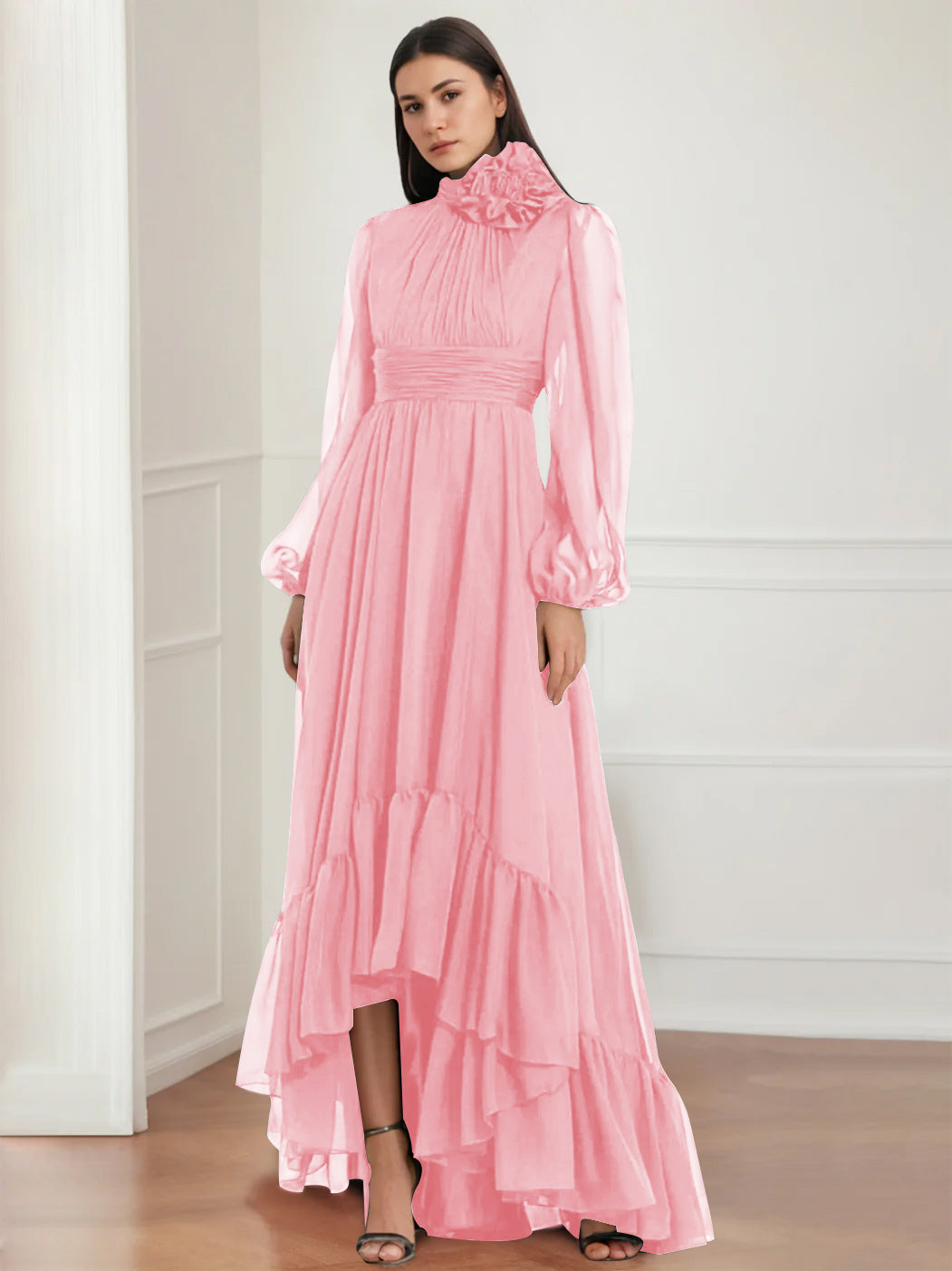 Asymmetrical A Line Jewel Neck Gown with Long Sleeves Ruffles & Floral Details