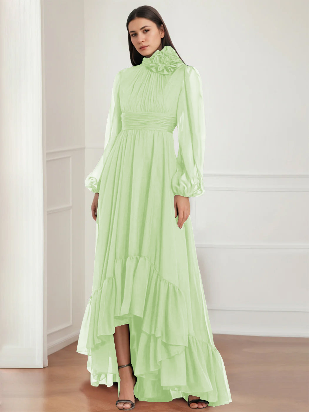 Asymmetrical A Line Jewel Neck Gown with Long Sleeves Ruffles & Floral Details